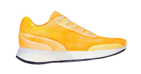 Bright yellow sneaker shoe with laces. Symbol of sport, youth, originality, positivity, ease, comfort. Hand drawn water color sketchy illustration, cut out clipart element for design decoration.