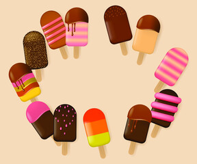 Round frame from different types of ice cream. Popsicle collection