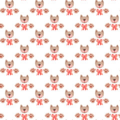 Seamless pattern of cat with paws and bows on a white background