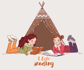 Cute little girls reading books in the garden. Nature landscape background. Summer holidays illustration. Vacation time