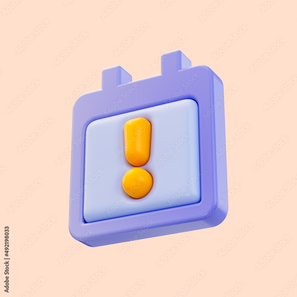 Poster calendar exclamation icon 3d render concept for attention or reminder notification of event sign