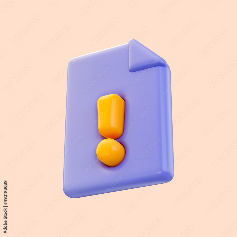 Poster file exclamation icon 3d render concept for personal reject file unaccepted document filled