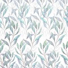 Fototapeta na wymiar Watercolor greenery floral seamless pattern. Eucalyptus leaves and silver branches. Winter design. Botanical print on white background.