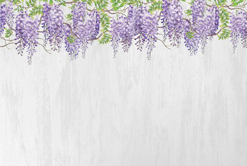 Photo wallpapers with lilac flowers. Branches with flowers. Wall decor. Tropical leaves. Lianas with flowers descending from above.