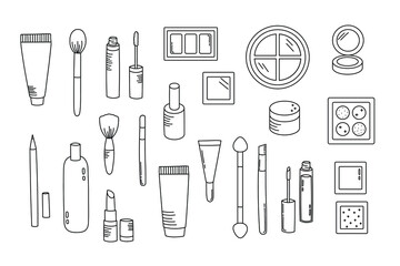 Cosmetic products, makeup items vector doodle set, foundation, eyeshadows, brushes, creams, make up pencil, lipstick, lipgloss, mascara, highlighter, nail polish, blush, powder