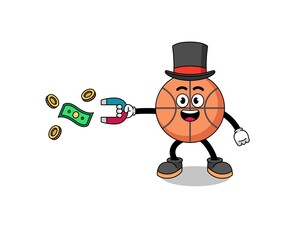 Character Illustration of basketball catching money with a magnet