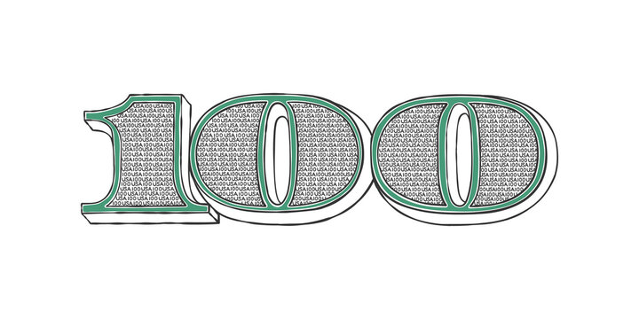 Dollar sign. The sign of the hundred dollar bill. The painted number is one hundred. Vector illustration