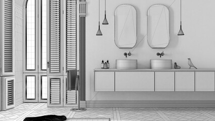 Unfinished project draft, minimalist bathroom in classic apartment with arched window. Modern cabinet with washbasins, mirrors and decors, carpet, rack with towels. Interior design
