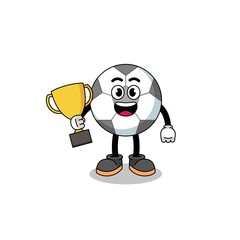 Cartoon mascot of soccer ball holding a trophy