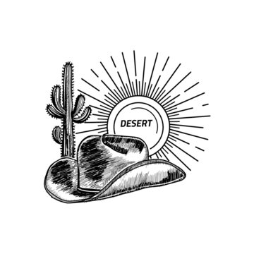 recommend clip art: Cow Boy Cap, Sunset, CACTUS, desert, American wild west desert with cowboy - hand drawn illustration, 