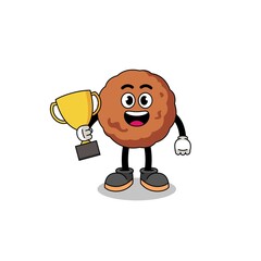 Cartoon mascot of meatball holding a trophy