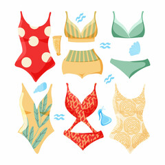 A set of summer swimsuits for women. Painted elements in flats style. Bathing suits in different styles and patterns. Joyful, bright palette.