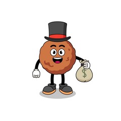 meatball mascot illustration rich man holding a money sack