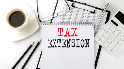 TAX EXTENSION text on the paper with calculator, notepad, coffee ,pen with graph