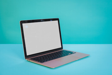 Laptop computer with blank screen on Aztec green paper background.