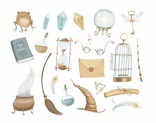 A set of magic and witchcraft. A toad, a book, a letter, an hourglass, a glass ball, a lightning scar, glasses,  broom, a magic wand, a hat, a winged key. Stock illustration.