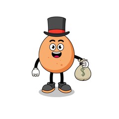 egg mascot illustration rich man holding a money sack