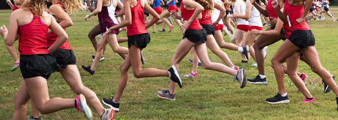 Close up of female runners at the start of a cross country race