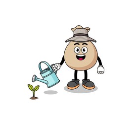Illustration of money sack cartoon watering the plant
