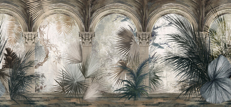Fototapeta Drawn tropical, exotic plants and leaves among the columns. Floral background for mural, wallpaper, photo wallpaper, postcard, card. Loft, modern, classic design.