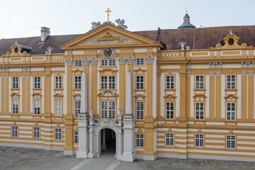 Fototapeta premium The main entrance to the magnificent Baroque Melk Abbey in the Wachau region of Lower Austria. UNESCO world cultural heritage site