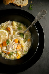 Vegetable soup.Dark rustic food photography, healthy food concept