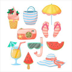 Fototapeta premium Set of summer accessories. Items for holidays or weekends at the seaside. Vector illustration isolated on white background.