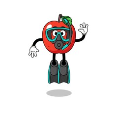 Character cartoon of apple as a diver