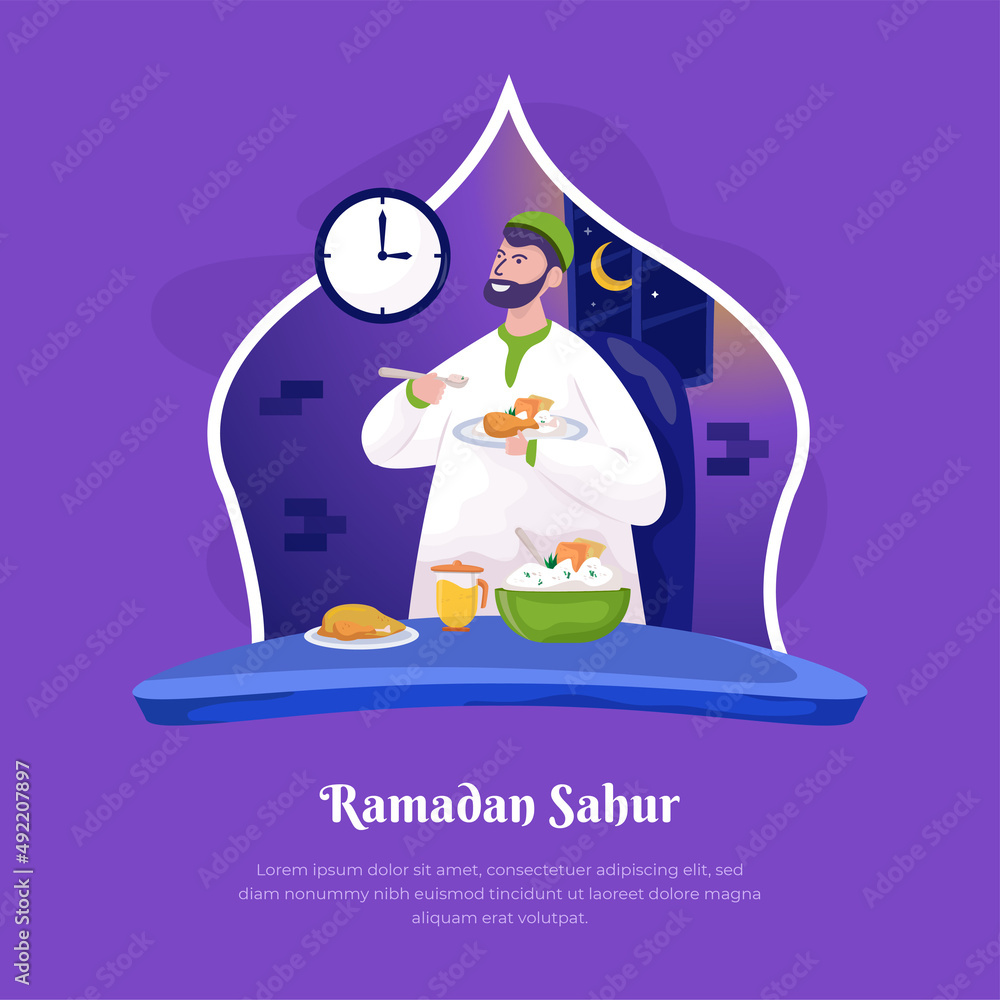 Wall mural A Muslim is having sahur in Ramadan night or eating early illustration