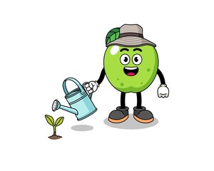Illustration of green apple cartoon watering the plant