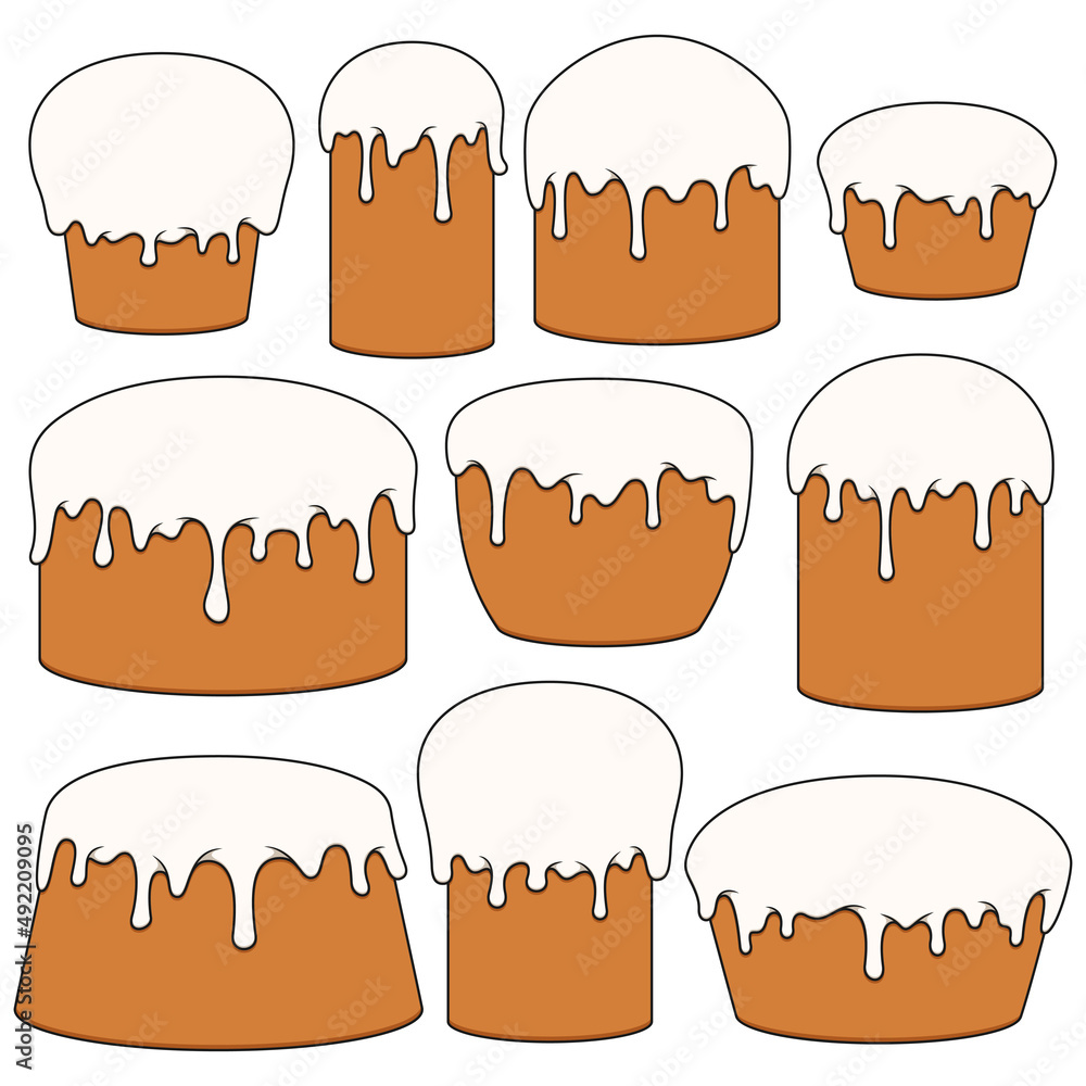 Poster set of color illustrations with easter cakes. isolated vector objects on a white background.