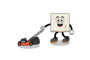 tofu illustration cartoon holding lawn mower