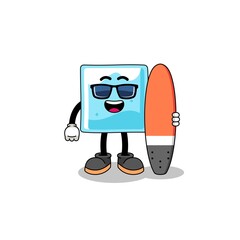 Mascot cartoon of ice block as a surfer