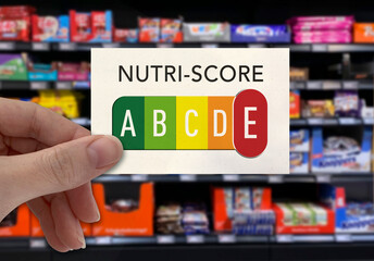 Fototapeta na wymiar Nutrition labeling of food, Nutri score, supermarket, five-level color and letter scale 