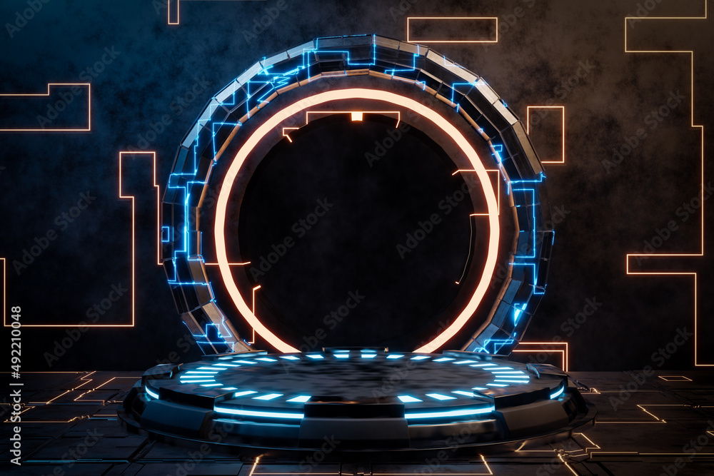 Poster 3d rendering sci-fi empty podium with yellow and light blue neon light for product display.
