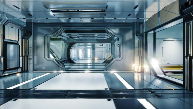 Panning camera view in the corridor of a spaceship, realistic 3d animation. It shows the interior of spaceship.