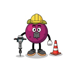 Character cartoon of mangosteen working on road construction