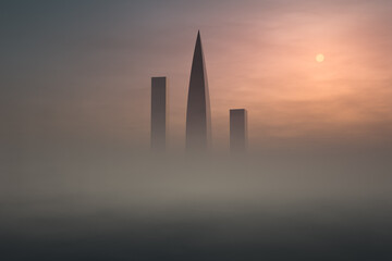 Urban landscape. Skyscraper towers stick out of the fog
