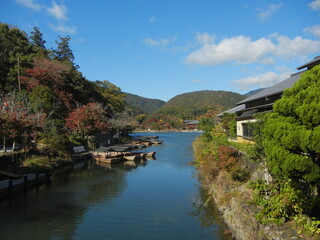 Fototapeta na wymiar A view of Oigawa-bunryu at Arashiyama-kouen Park in Kyoto Prefecture in Japan 日本の京都府の嵐山公園における大堰川分流の風景