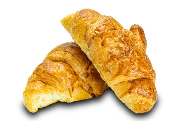 Closeup view of fresh homemade croissants isolated on white background.