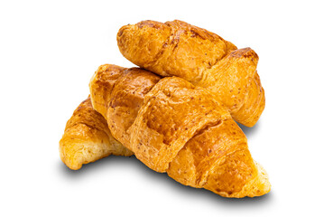 Pile of delicious homemade croissants isolated on white background.