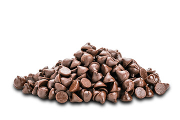 Closeup view pile of chocolate chips on white background.