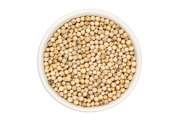 Top view of white peper in ceramic cup on white background.