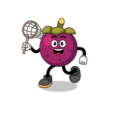 Cartoon of mangosteen catching a butterfly