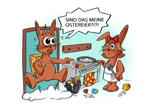 Hasenfrau macht Spiegelei aus den Ostereiern des Osterhasen (Cartoon/ Comic)