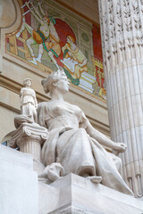 PARIS, FRANCE - JUNE 16, 2011: The statue The Greek Art from facade of Grand Palais in Paris by ...