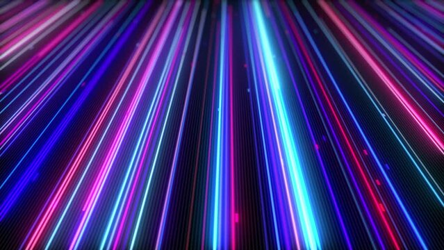 Abstract background with moving fluorescent and neon trails. 3d animation with ultraviolet energy lines flying in the dark to the camera. Neon streaks, headlight and stop light on the road at night.