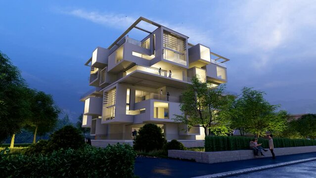 Modern upscale residential building at dusk