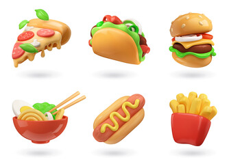 Fast food 3d realistic render vector icon set. Pizza, taco, hamburger, ramen noodle soup, hot dog, fries potatoes - obrazy, fototapety, plakaty