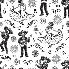 Skeleton performers monochrome seamless pattern
